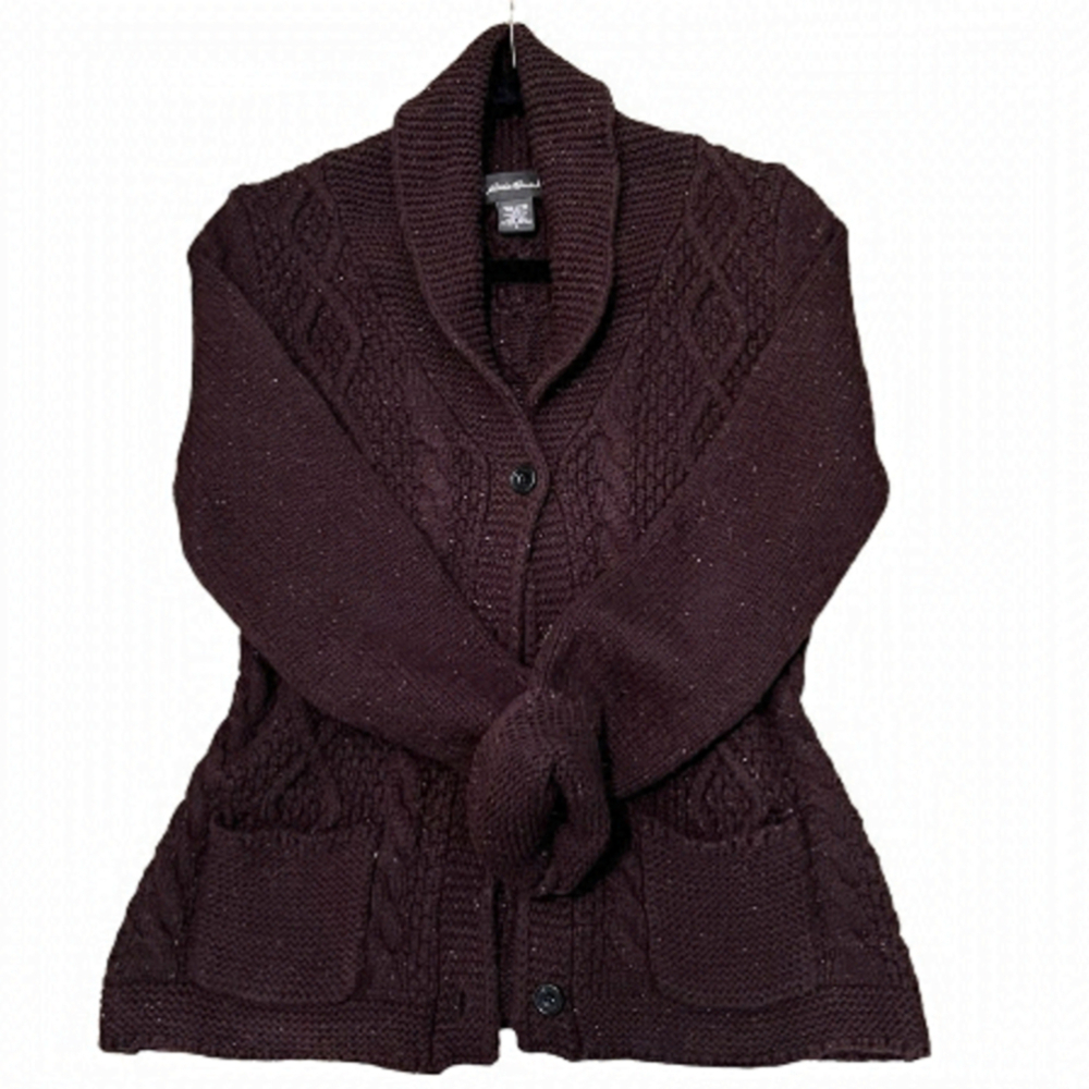 VINTAGE Eddie Bauer Brown Grandpa Sweater Cardigan Shawl Collar Cable Knit